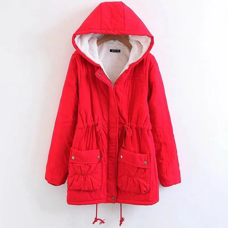 Solid Color Pockets Drawstring Women Warm Hooded Winter Oversized Coat