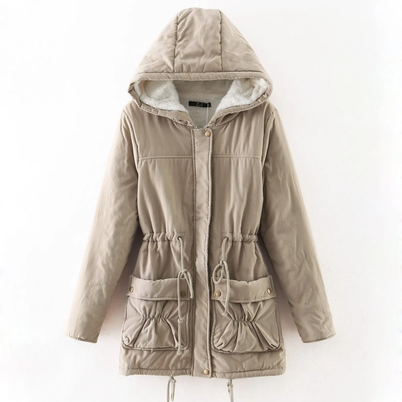 Solid Color Pockets Drawstring Women Warm Hooded Winter Oversized Coat