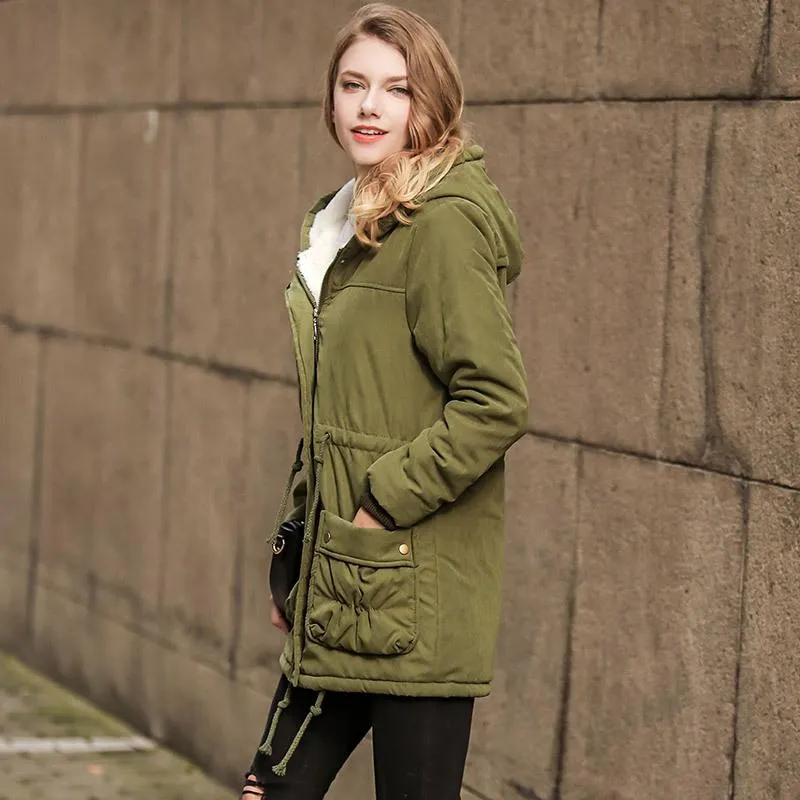 Solid Color Pockets Drawstring Women Warm Hooded Winter Oversized Coat