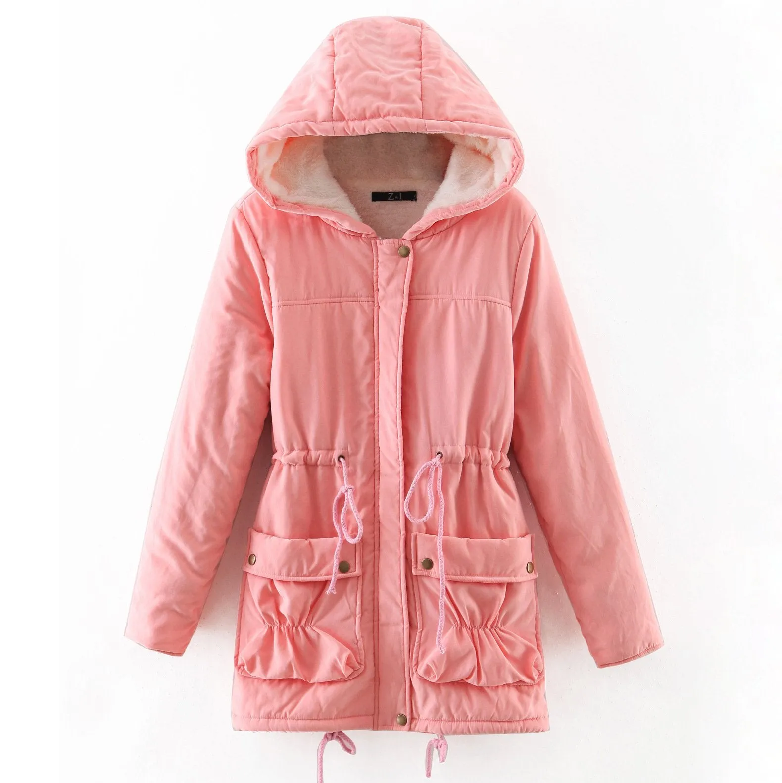 Solid Color Pockets Drawstring Women Warm Hooded Winter Oversized Coat
