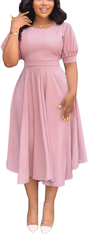 Summer Dresses for Women Semi-Formal Fit Casual Slim Short Puff Sleeve O-Neck Elegant Swing A Line Maxi Dresses