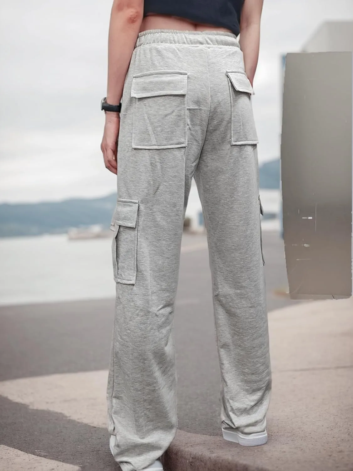Sweatpants for Women Elastic High Waist Straight Wide Leg Y2K Casual Trendy Cargo Pants Baggy Lounge Trousers with Pockets