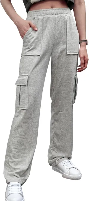Sweatpants for Women Elastic High Waist Straight Wide Leg Y2K Casual Trendy Cargo Pants Baggy Lounge Trousers with Pockets