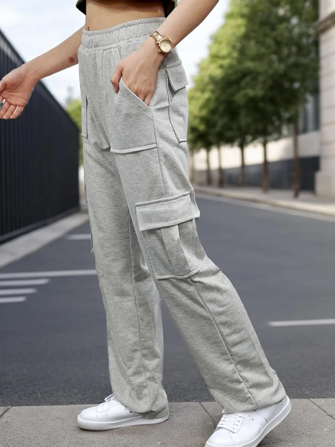 Sweatpants for Women Elastic High Waist Straight Wide Leg Y2K Casual Trendy Cargo Pants Baggy Lounge Trousers with Pockets