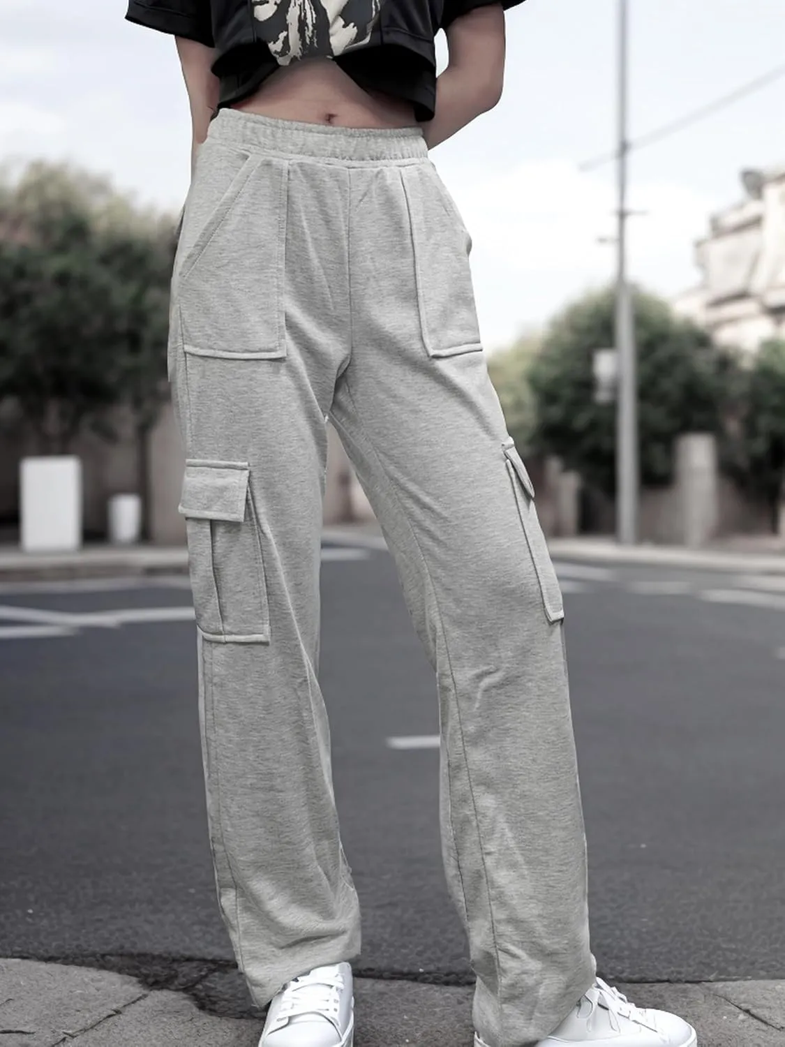 Sweatpants for Women Elastic High Waist Straight Wide Leg Y2K Casual Trendy Cargo Pants Baggy Lounge Trousers with Pockets