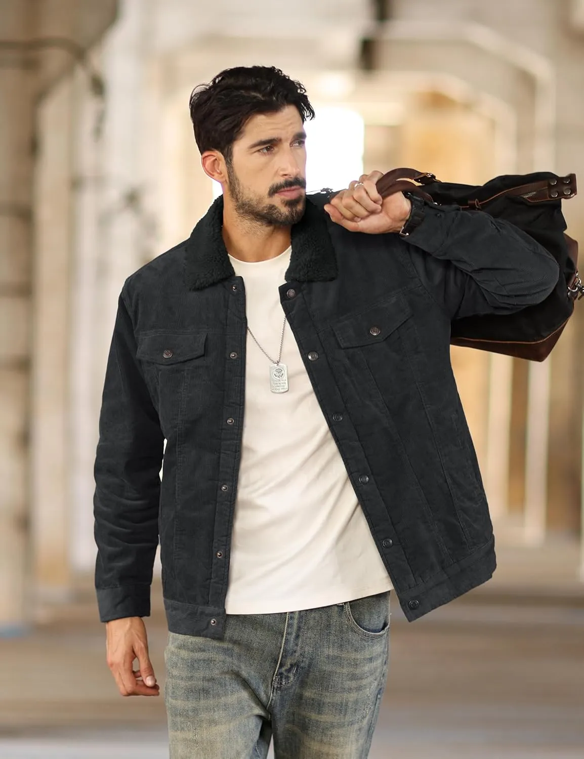 TACVASEN Men's Corduroy Jacket Fleece Sherpa Lined Winter Coats Warm Thick Cotton Casual Trucker Cargo Jacket