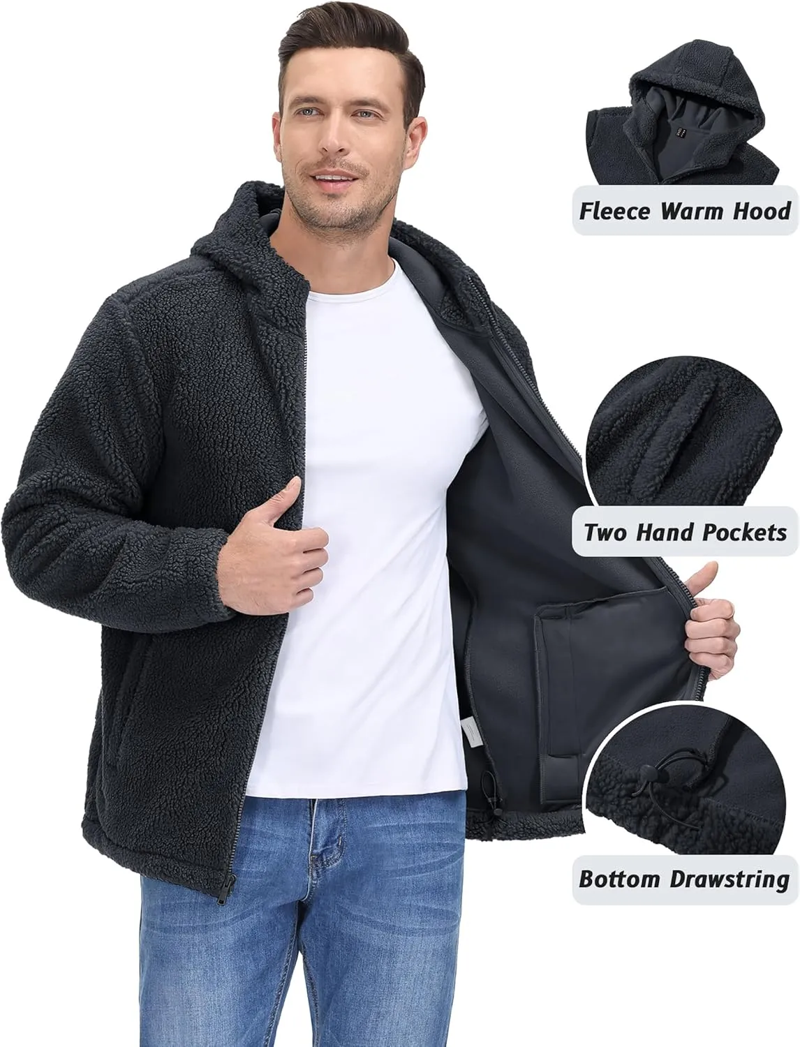 TACVASEN Men's Fuzzy Sherpa Jacket Fleece Lined Zip Up Hoodies Winter Thermal Work Casual Warm Jackets Plain Coats