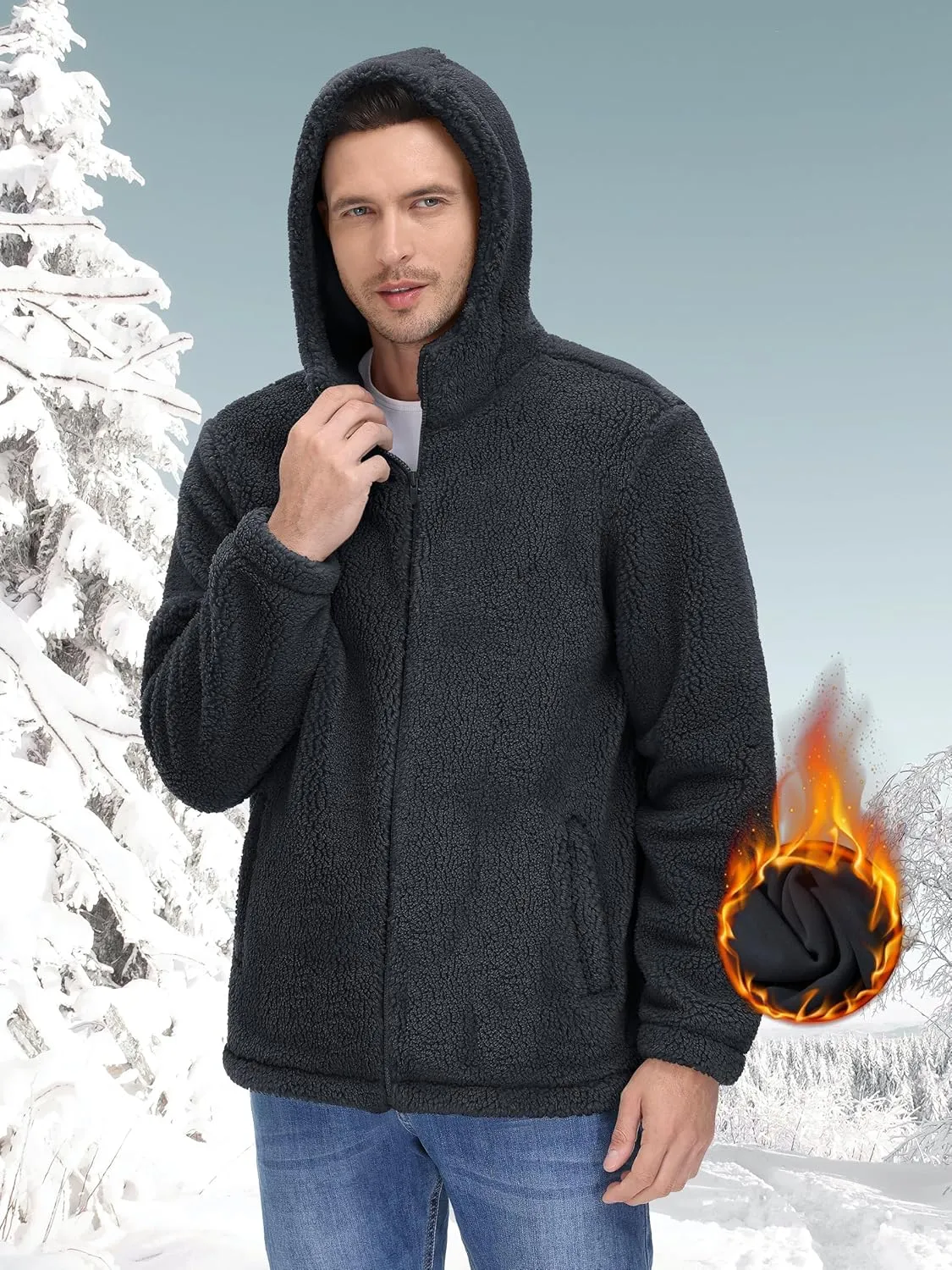 TACVASEN Men's Fuzzy Sherpa Jacket Fleece Lined Zip Up Hoodies Winter Thermal Work Casual Warm Jackets Plain Coats