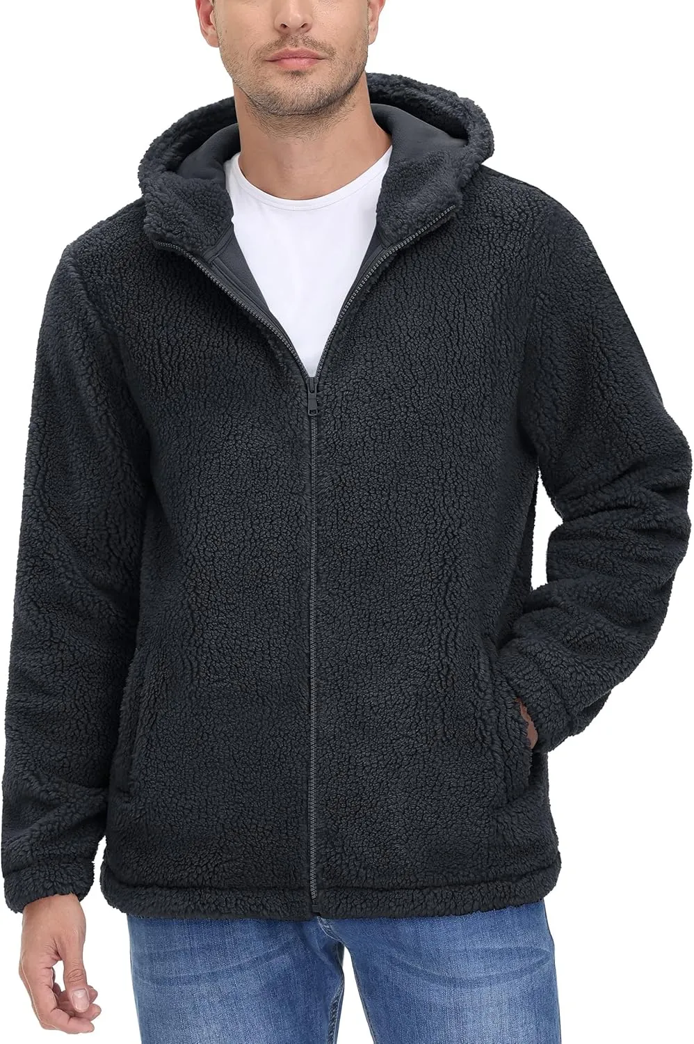 TACVASEN Men's Fuzzy Sherpa Jacket Fleece Lined Zip Up Hoodies Winter Thermal Work Casual Warm Jackets Plain Coats