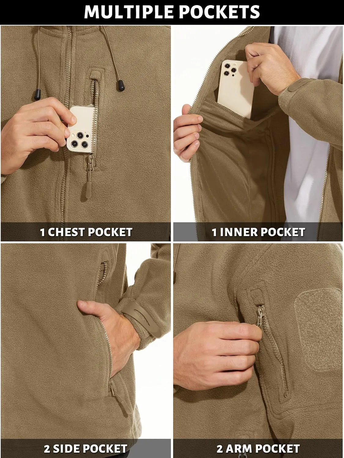 TACVASEN Men's Tactical Fleece Jacket Heavyweight Military Hoodie with 6 Pockets Winter Warm Coats Windproof Outdoor