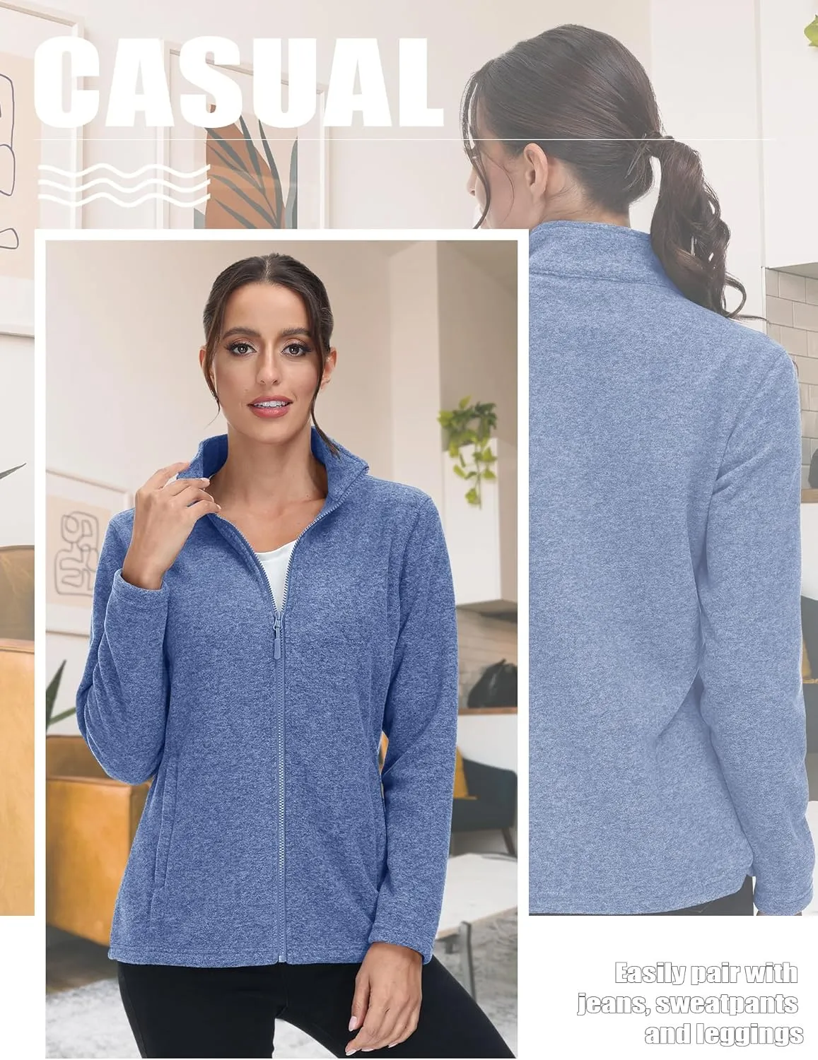 TACVASEN Women's Full Zip Fleece Jacket Lightweight Jacket Womens Winter Warm Coats with 2 Zipper Pockets