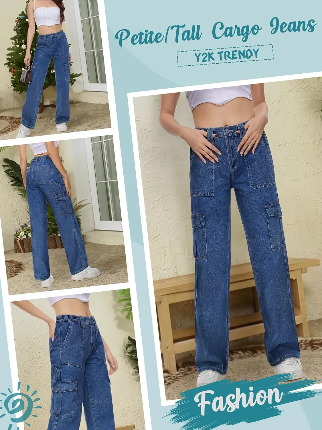 Tapata Women's 26"/28"/30"/32"/34" Cargo Jeans Straight Leg Short Petite Regular Tall Denim Relaxed Y2K Pants