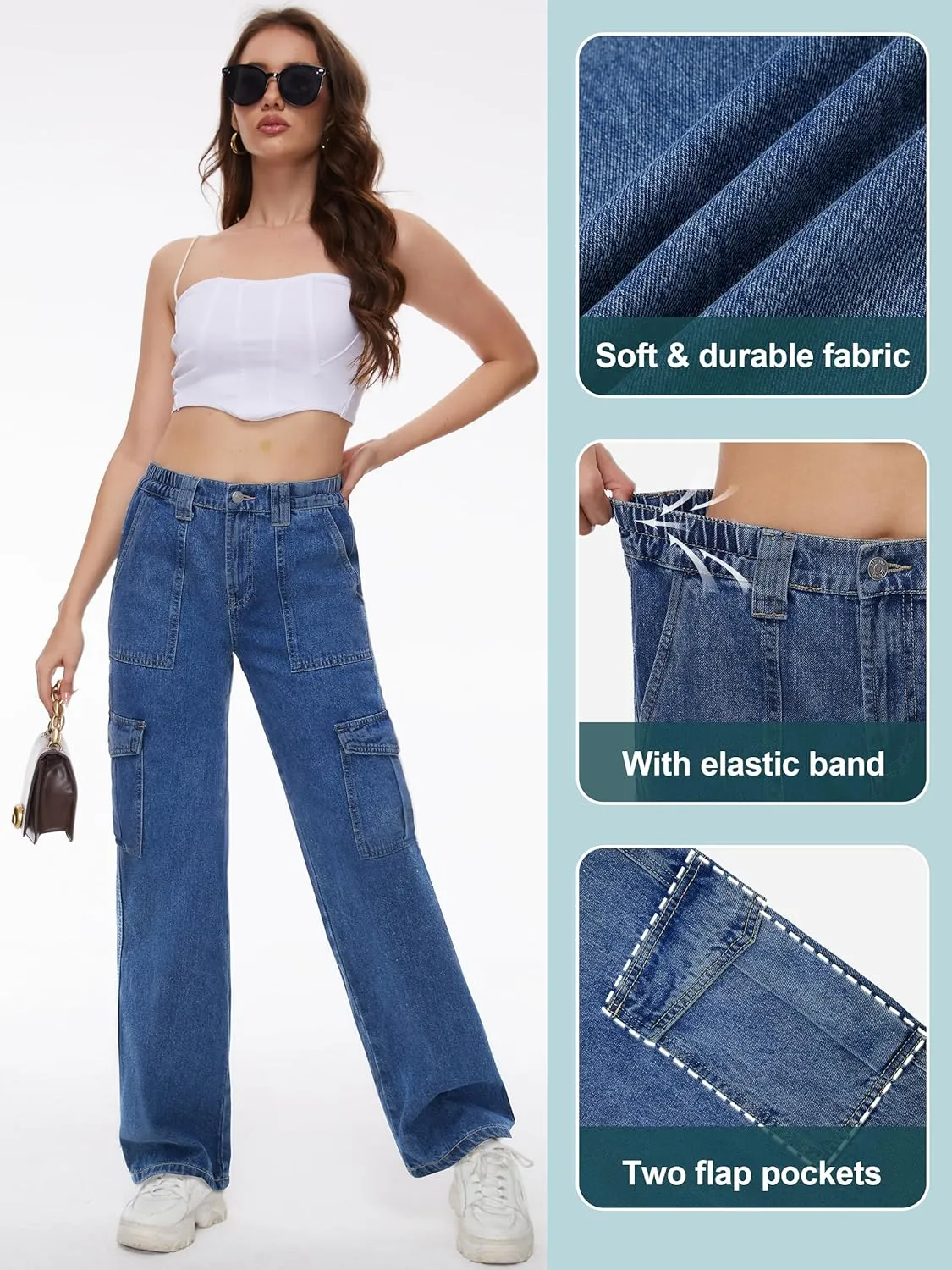 Tapata Women's 26"/28"/30"/32"/34" Cargo Jeans Straight Leg Short Petite Regular Tall Denim Relaxed Y2K Pants