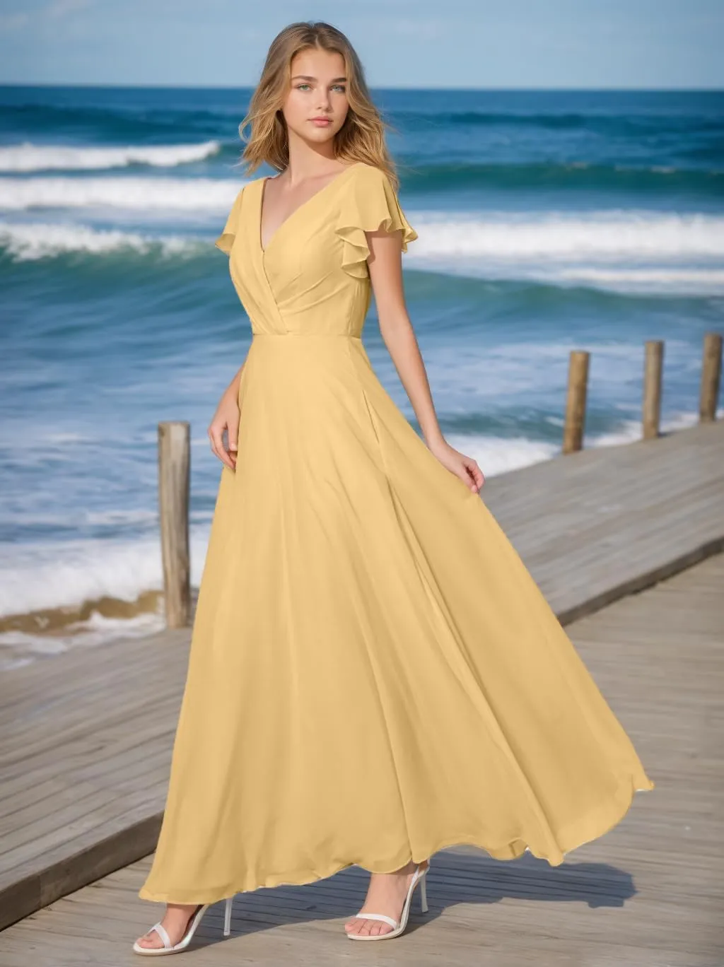 Tvuyet Women's Elegant V Neck Bridesmaid Dresses for Wedding Long Chiffon Formal Dresses Ruffle Evening Party Dress 2025