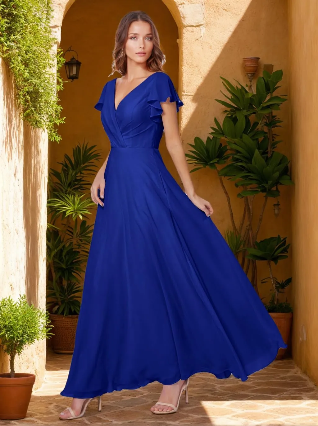 Tvuyet Women's Elegant V Neck Bridesmaid Dresses for Wedding Long Chiffon Formal Dresses Ruffle Evening Party Dress 2025