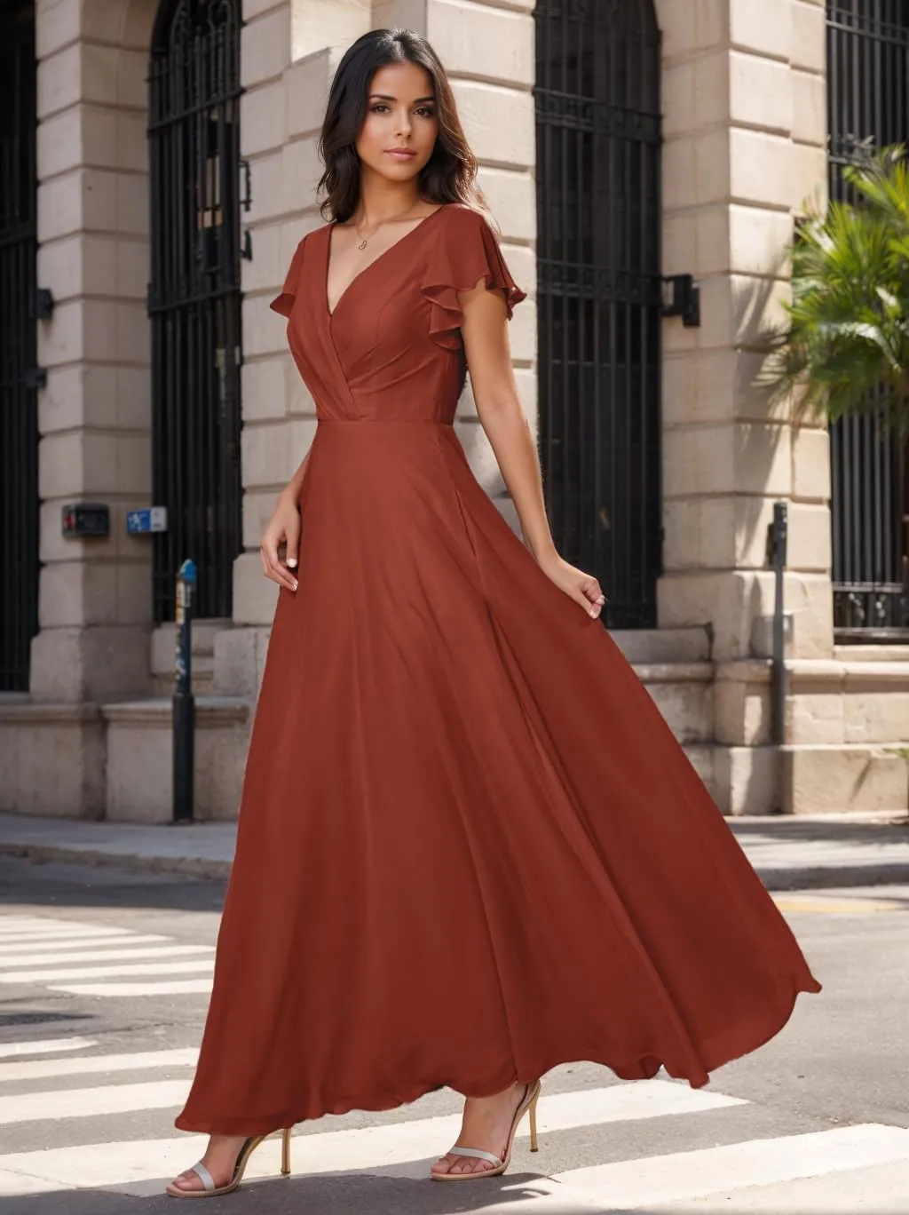 Tvuyet Women's Elegant V Neck Bridesmaid Dresses for Wedding Long Chiffon Formal Dresses Ruffle Evening Party Dress 2025
