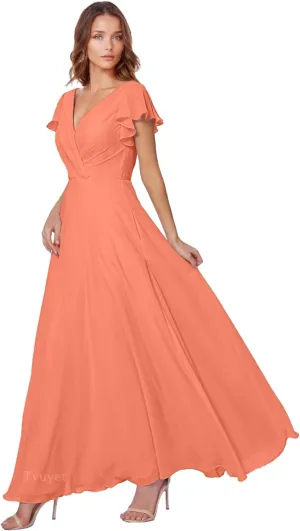 Tvuyet Women's Elegant V Neck Bridesmaid Dresses for Wedding Long Chiffon Formal Dresses Ruffle Evening Party Dress 2025
