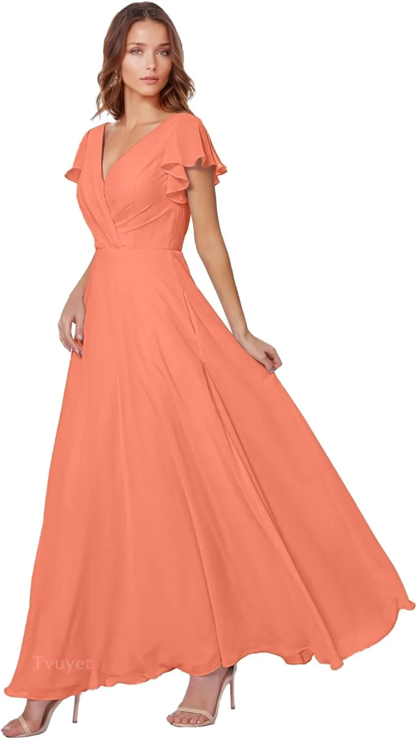 Tvuyet Women's Elegant V Neck Bridesmaid Dresses for Wedding Long Chiffon Formal Dresses Ruffle Evening Party Dress 2025