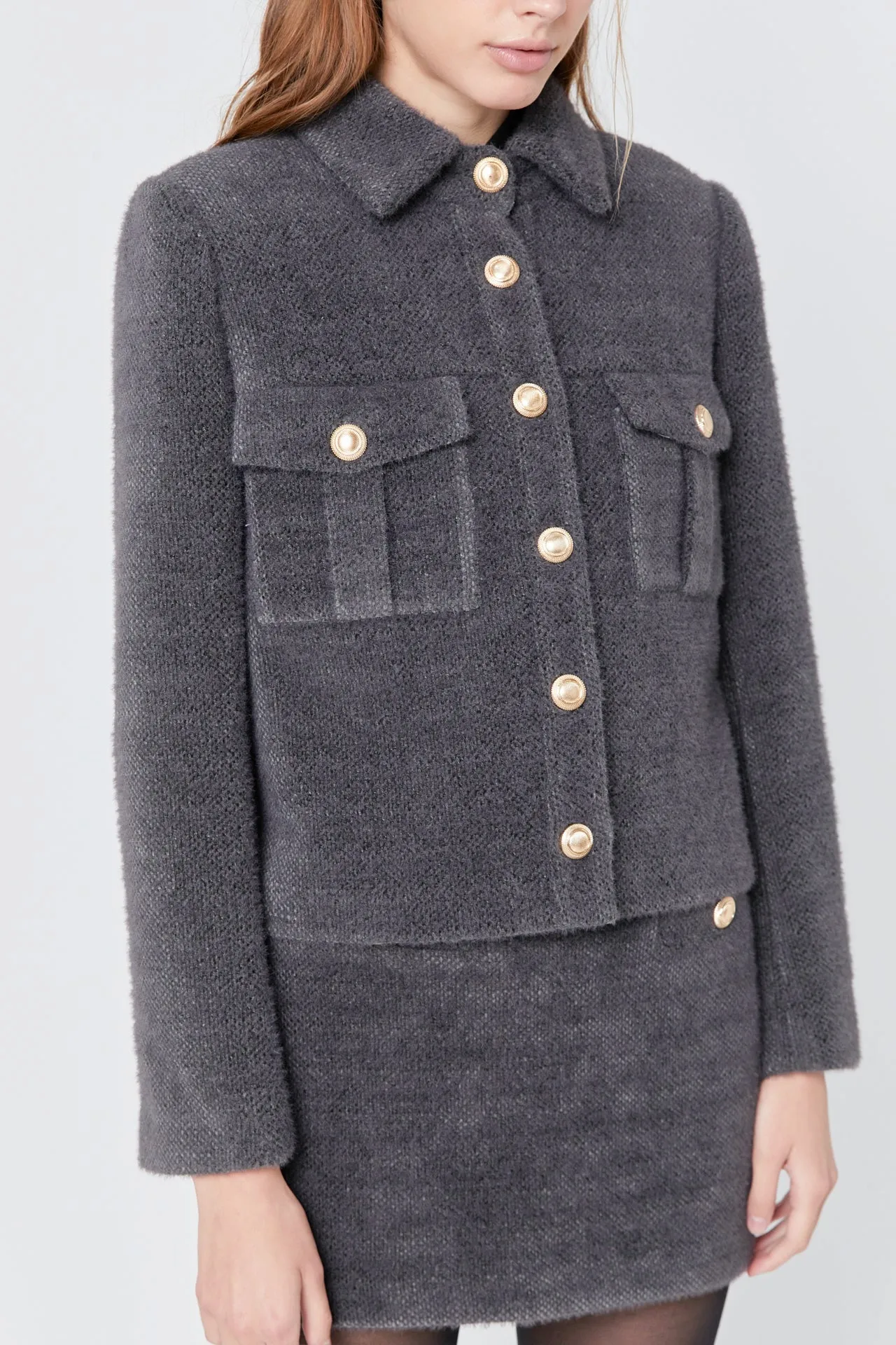 Tweed Soft Brushed Buttoned Jacket