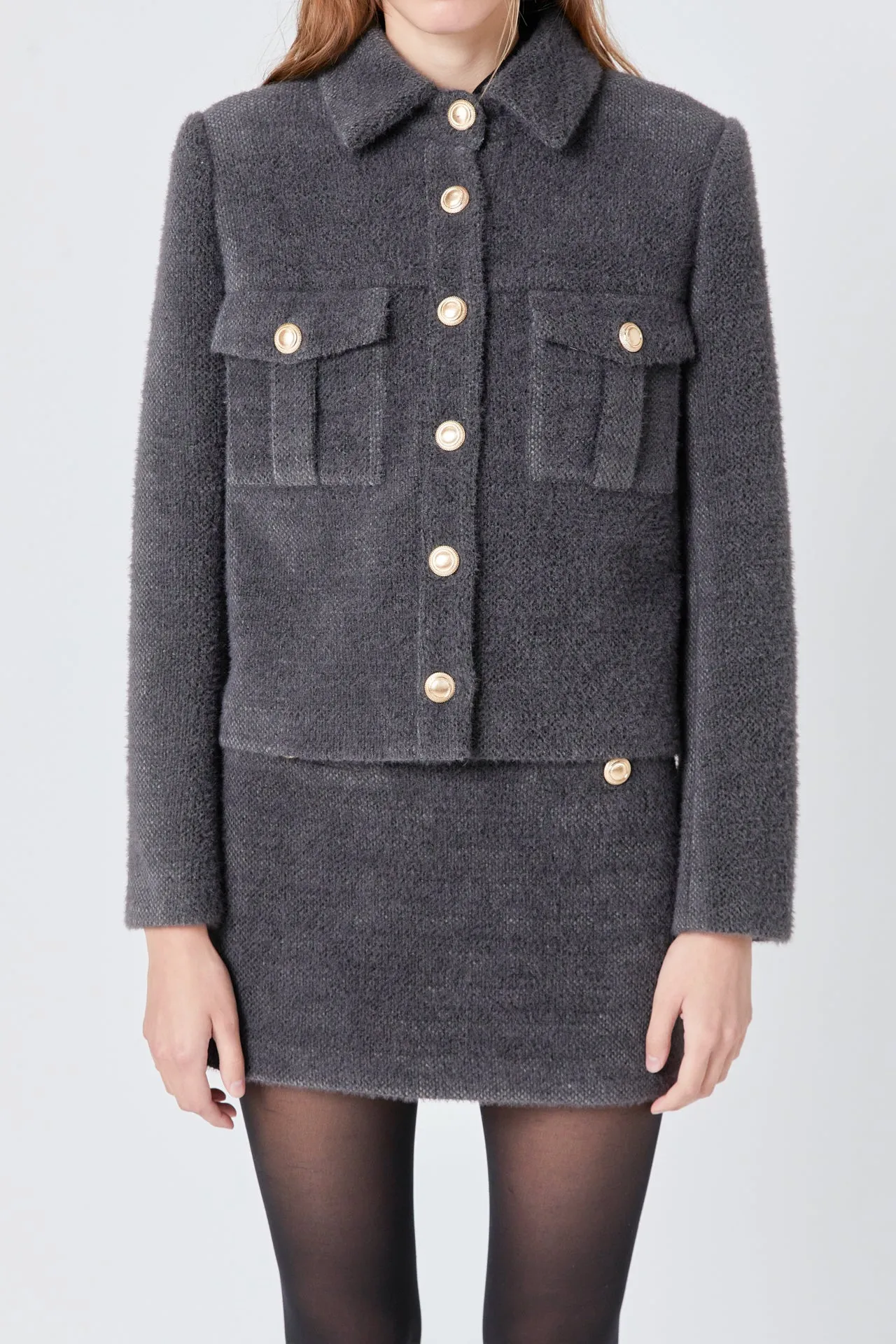 Tweed Soft Brushed Buttoned Jacket