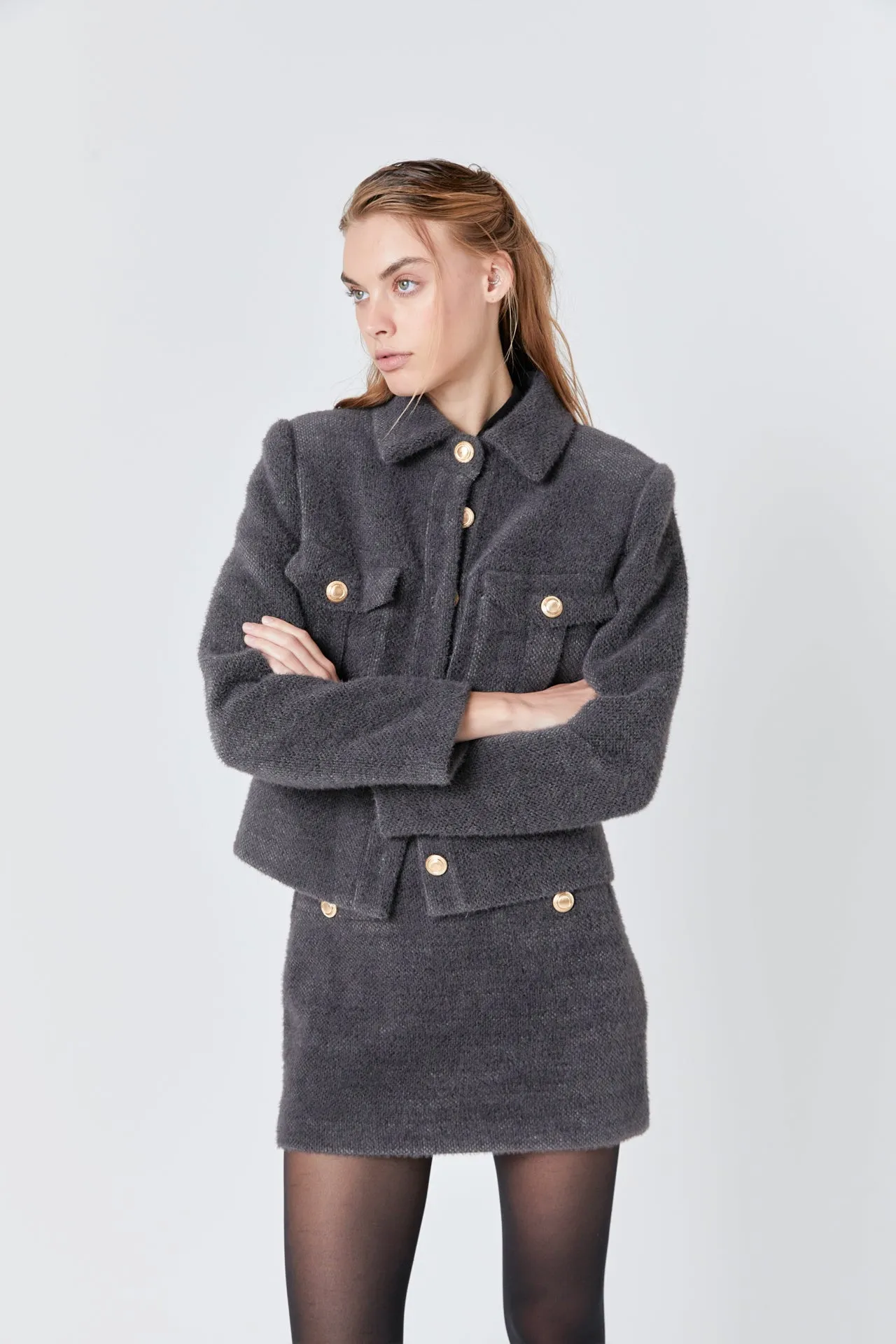Tweed Soft Brushed Buttoned Jacket