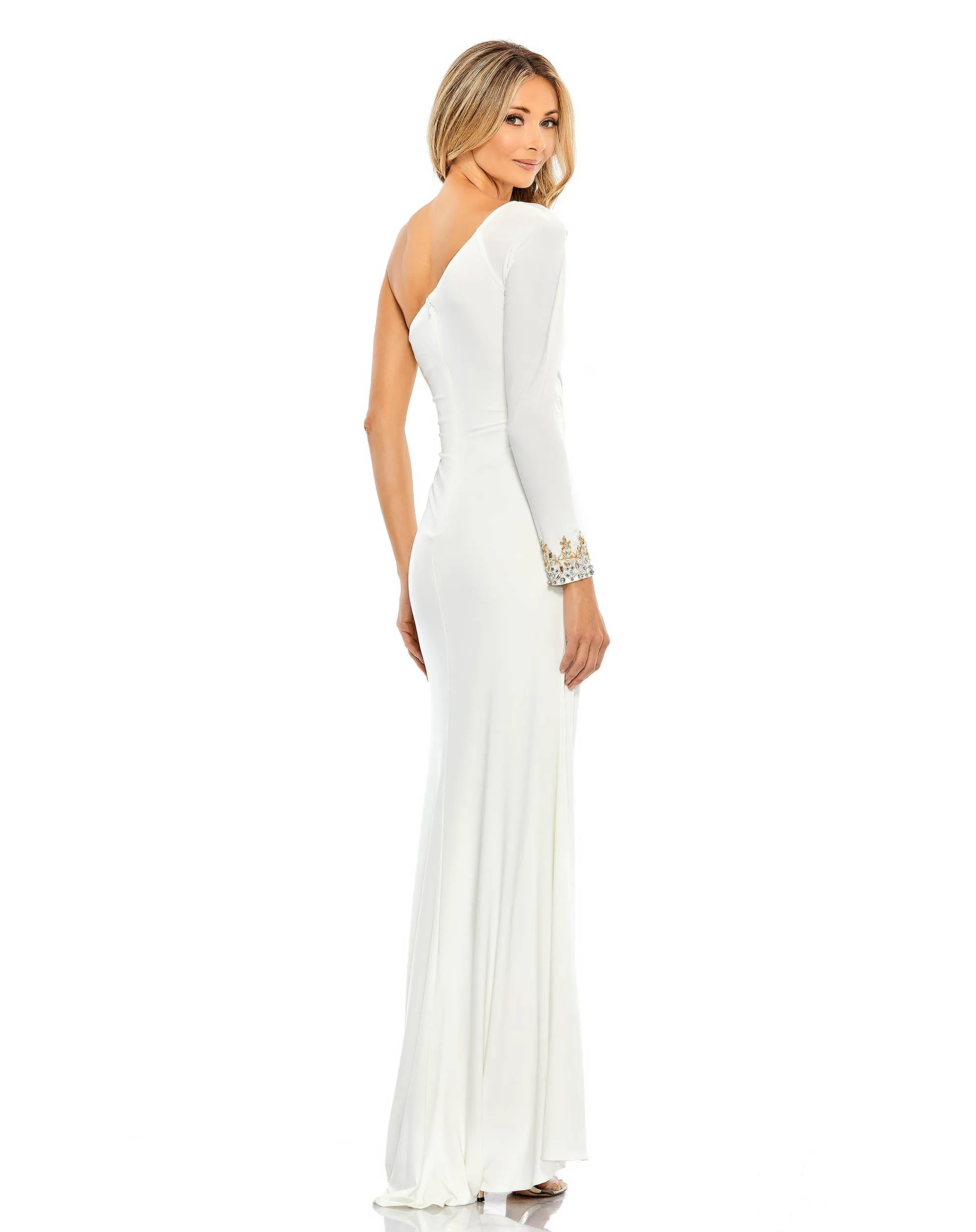 Twist front embellished one sleeve jersey gown - Ocean Teal