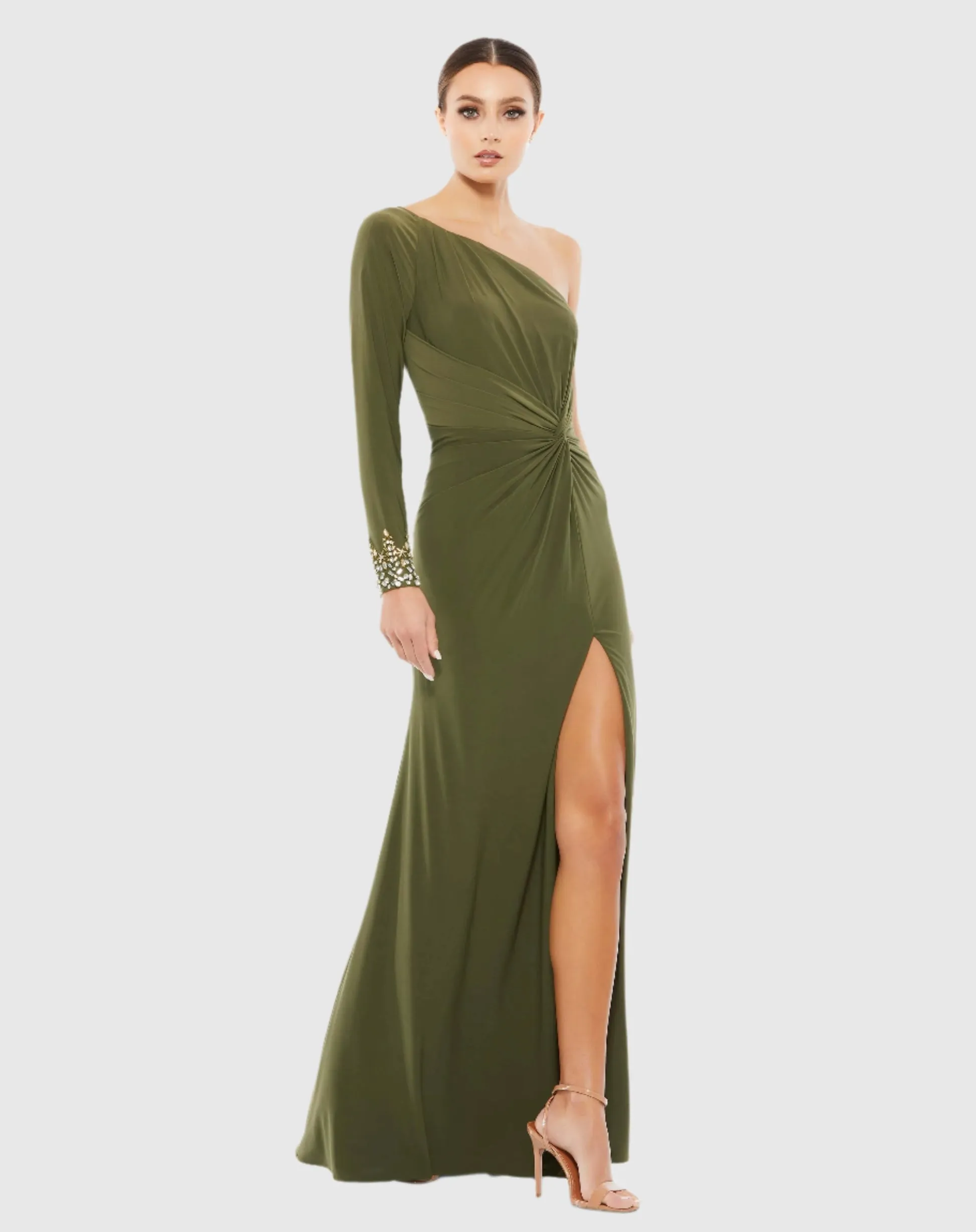 Twist front embellished one sleeve jersey gown - Ocean Teal