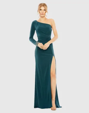 Twist front embellished one sleeve jersey gown - Ocean Teal