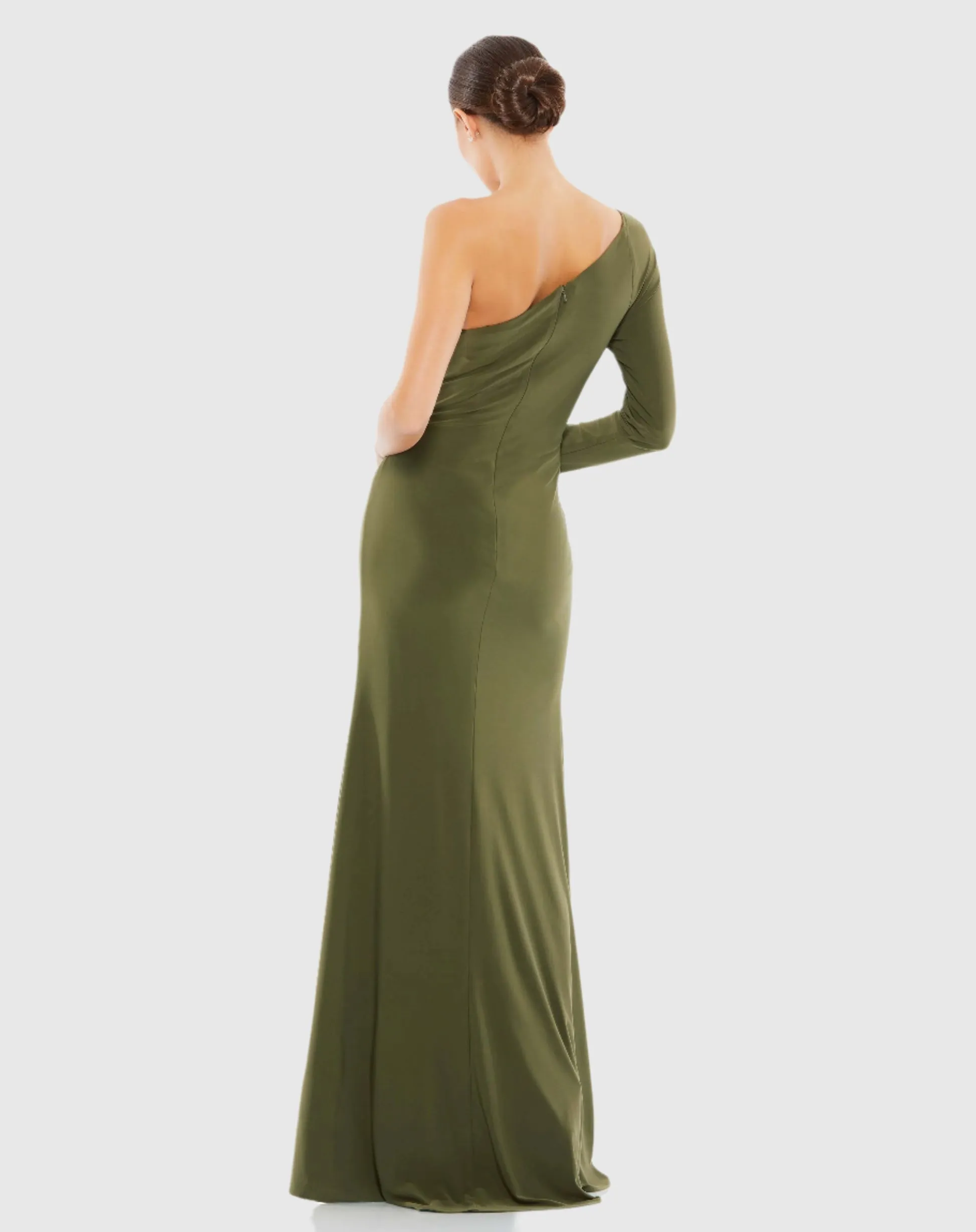 Twist front embellished one sleeve jersey gown - Ocean Teal