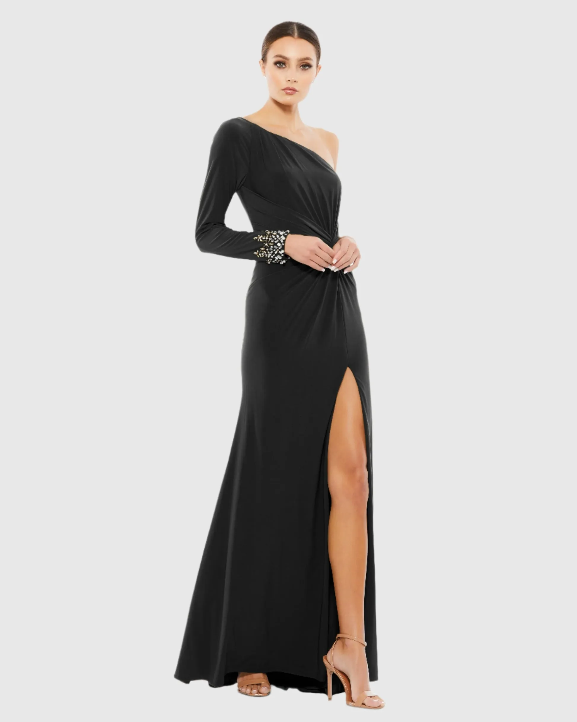Twist front embellished one sleeve jersey gown - Ocean Teal