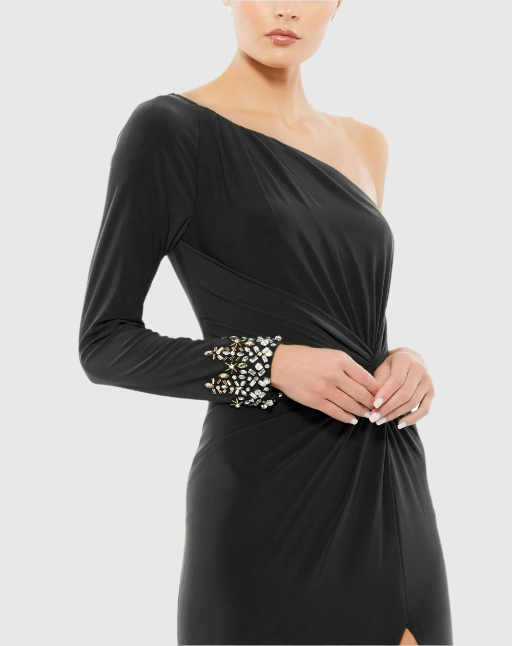 Twist front embellished one sleeve jersey gown - Ocean Teal
