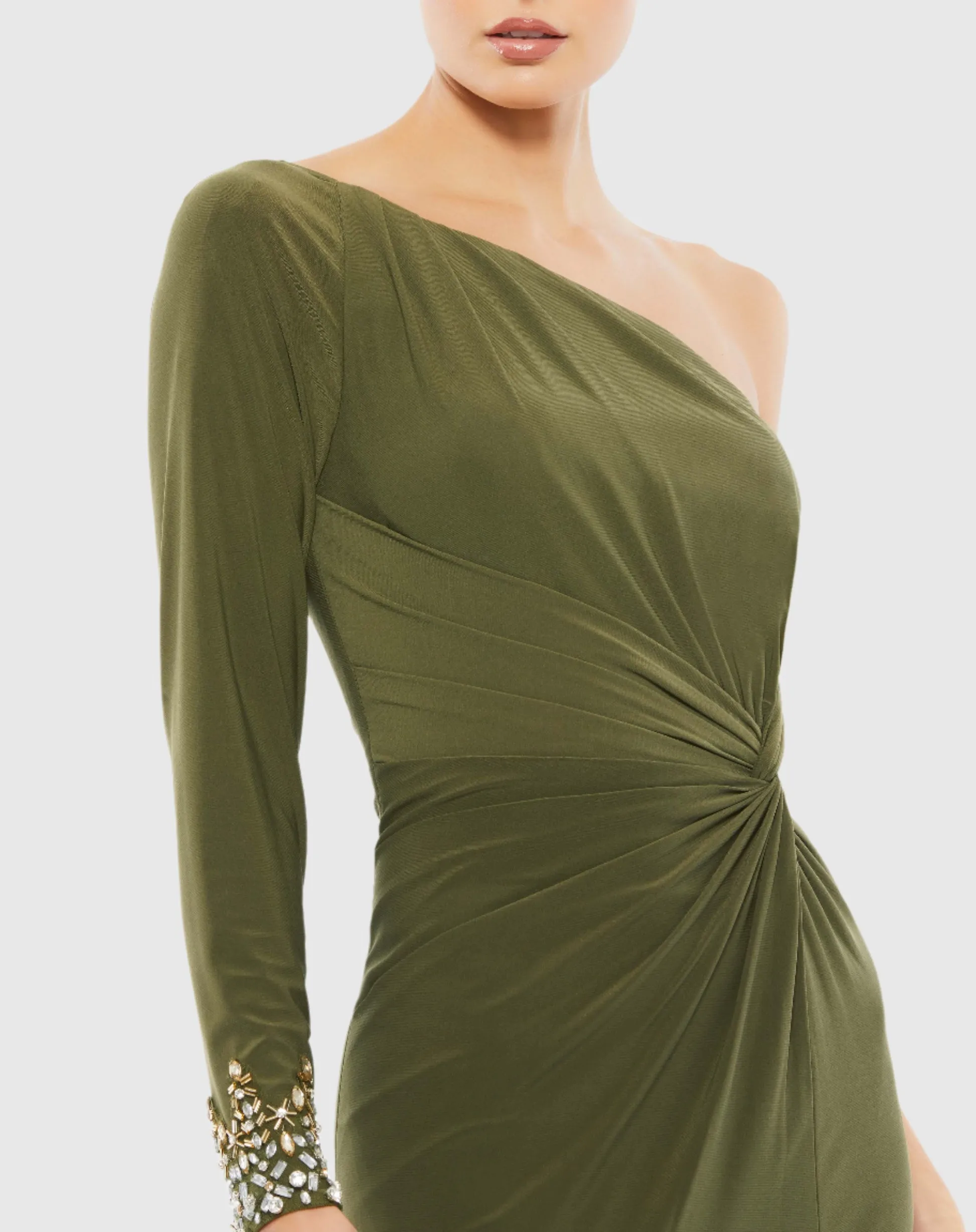 Twist front embellished one sleeve jersey gown - Ocean Teal