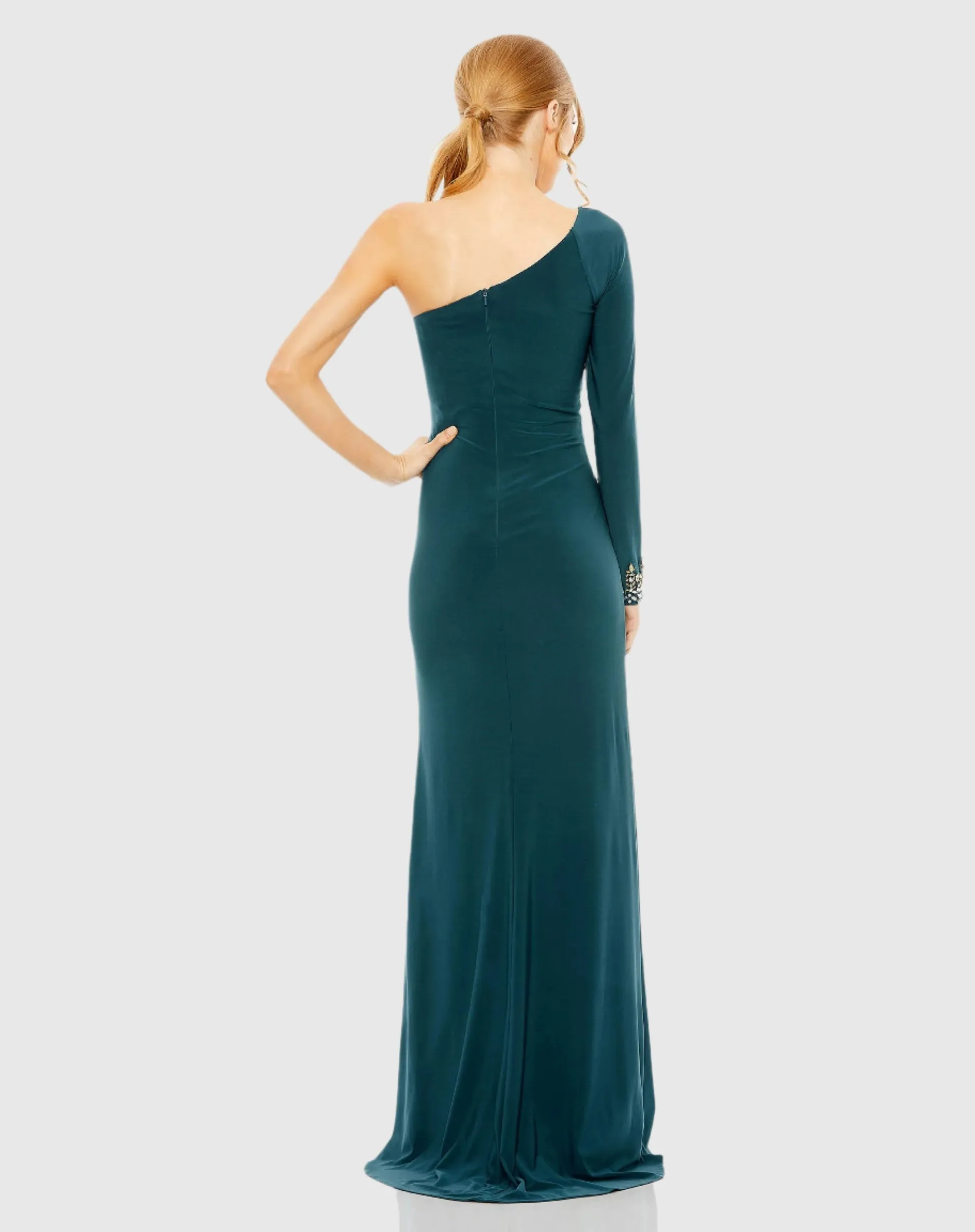 Twist front embellished one sleeve jersey gown - Ocean Teal