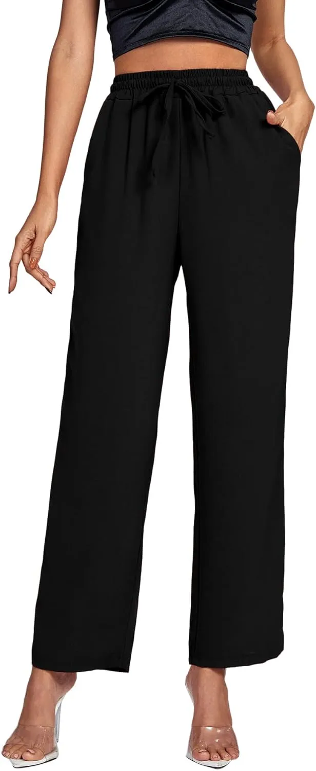 Umenlele Women's Casual Drawstring Elastic High Waist Pants Sport Yoga Jogger Trousers with Pockets Black# Large