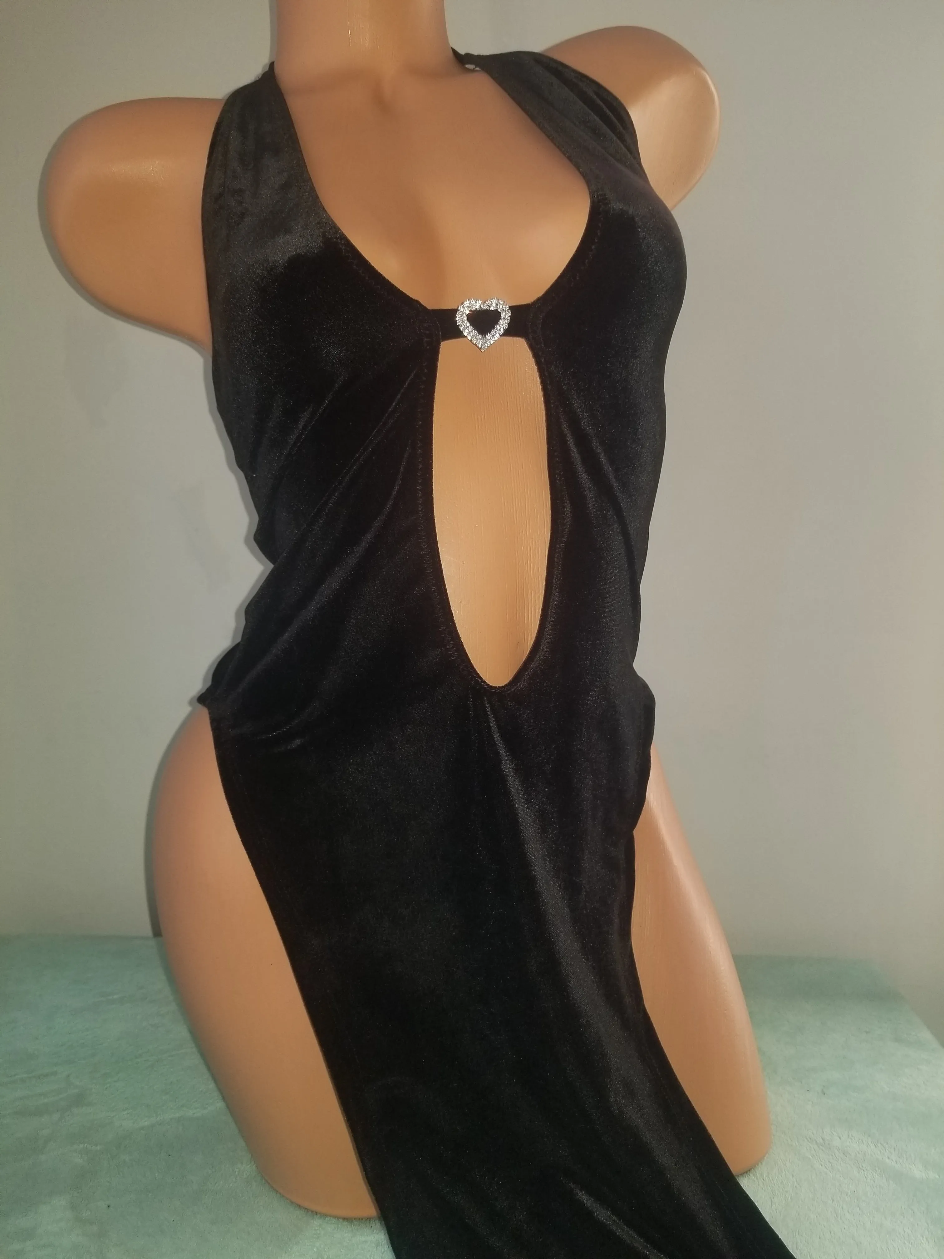 Velvet Black High Cut Gown w/ Rhinestone Heart Accent