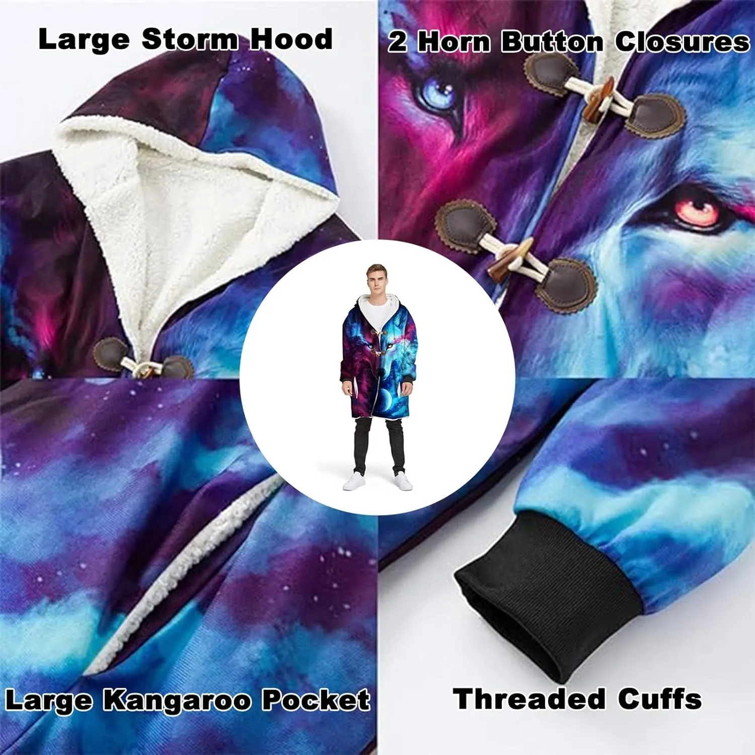 Viking Men Hooded Cloak, Norse Mythology Tattoo 3D Printed, Winter Warm Coat Parka, Horn Button Design Thick Warm Jacke