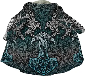 Viking Men Hooded Cloak, Norse Mythology Tattoo 3D Printed, Winter Warm Coat Parka, Horn Button Design Thick Warm Jacke