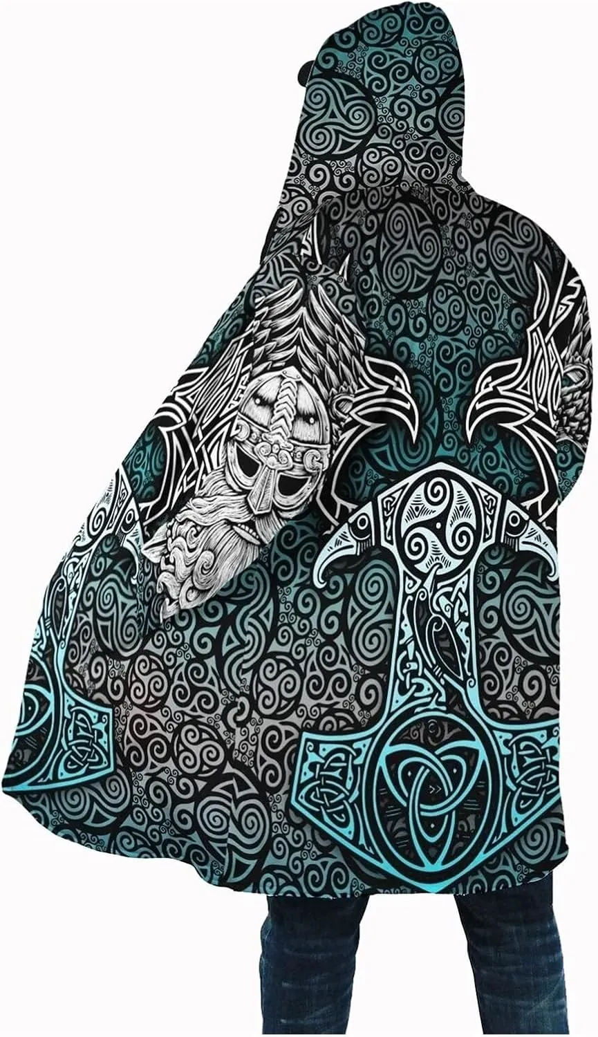 Viking Men Hooded Cloak, Norse Mythology Tattoo 3D Printed, Winter Warm Coat Parka, Horn Button Design Thick Warm Jacke