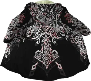 Viking Men Hooded Cloak, Norse Mythology Tattoo 3D Printed, Winter Warm Coat Parka, Horn Button Design Thick Warm Jacke