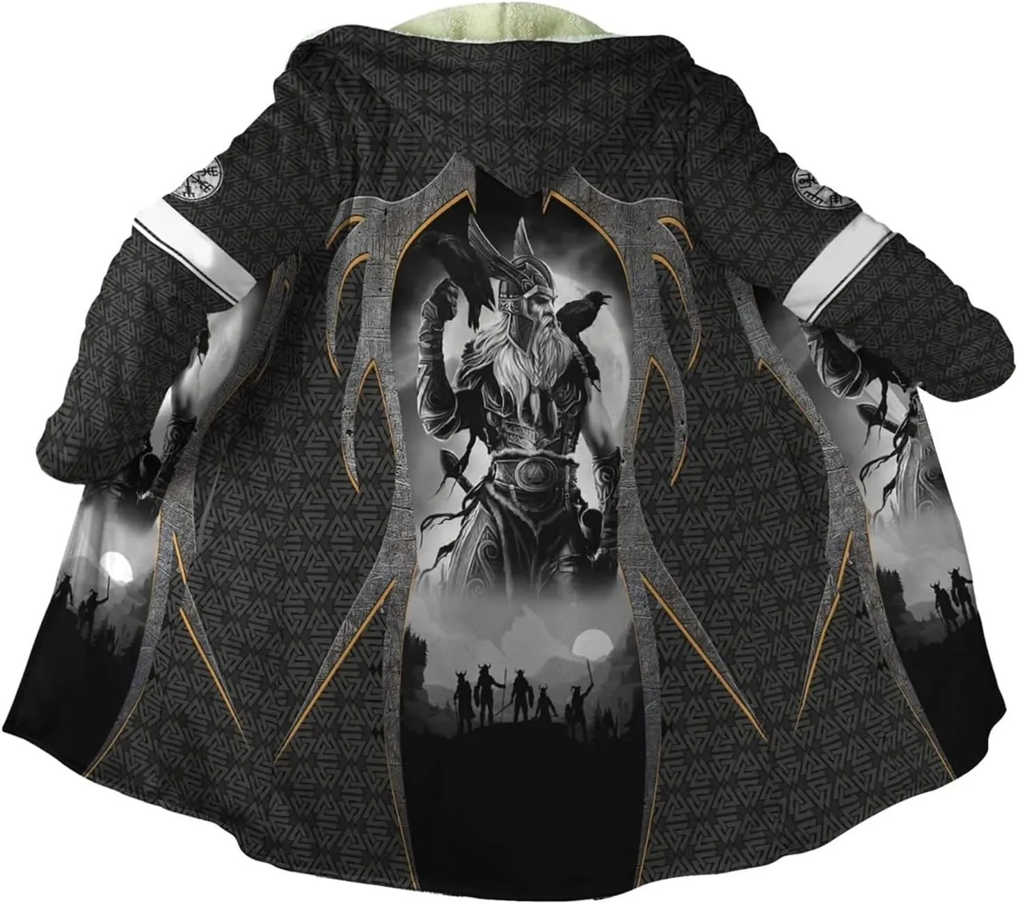 Viking Men Hooded Cloak, Norse Mythology Tattoo 3D Printed, Winter Warm Coat Parka, Horn Button Design Thick Warm Jacke