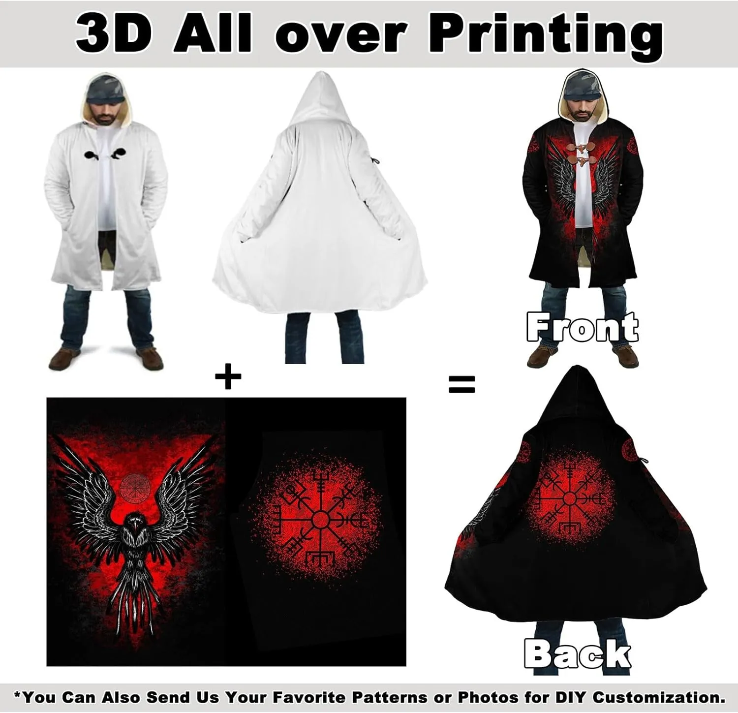 Viking Men Hooded Cloak, Norse Mythology Tattoo 3D Printed, Winter Warm Coat Parka, Horn Button Design Thick Warm Jacke