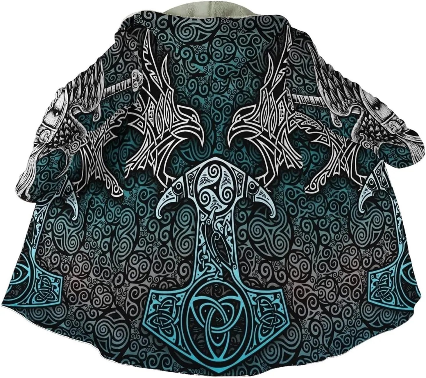 Viking Men Hooded Cloak, Norse Mythology Tattoo 3D Printed, Winter Warm Coat Parka, Horn Button Design Thick Warm Jacke