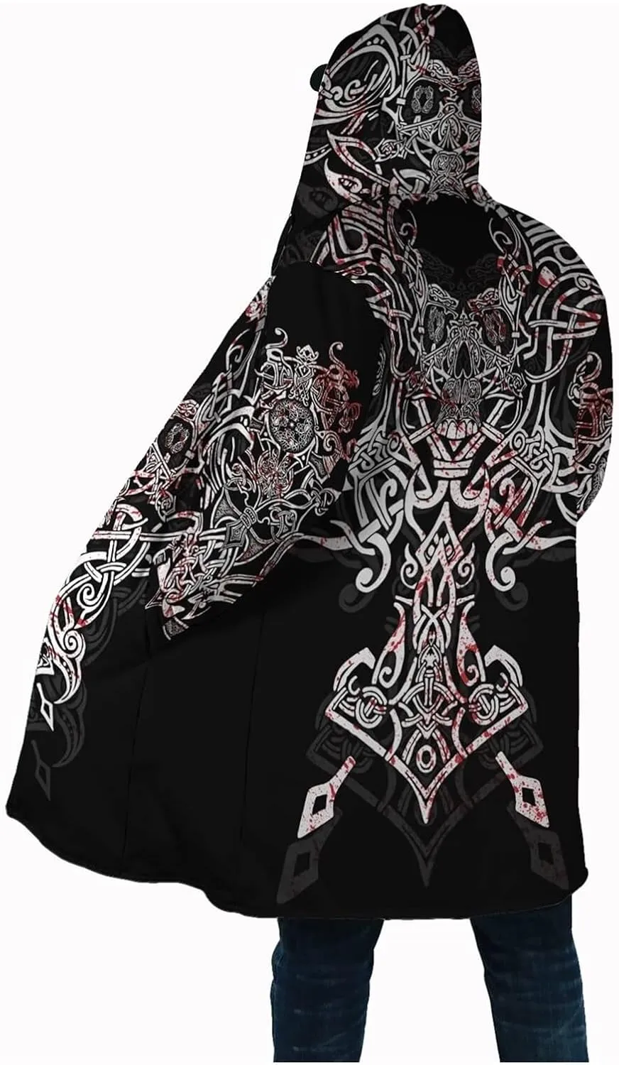 Viking Men Hooded Cloak, Norse Mythology Tattoo 3D Printed, Winter Warm Coat Parka, Horn Button Design Thick Warm Jacke