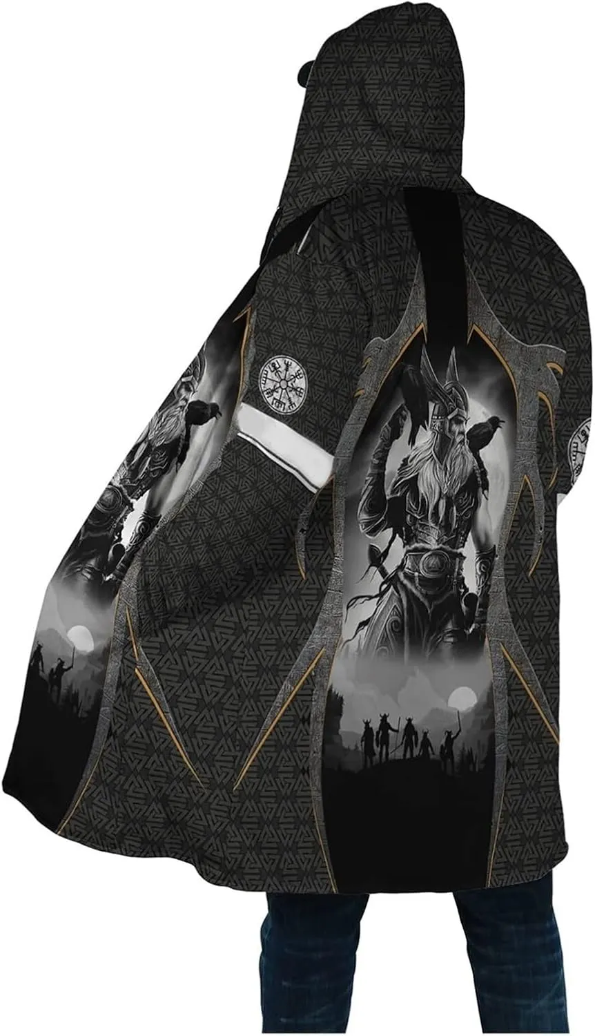 Viking Men Hooded Cloak, Norse Mythology Tattoo 3D Printed, Winter Warm Coat Parka, Horn Button Design Thick Warm Jacke