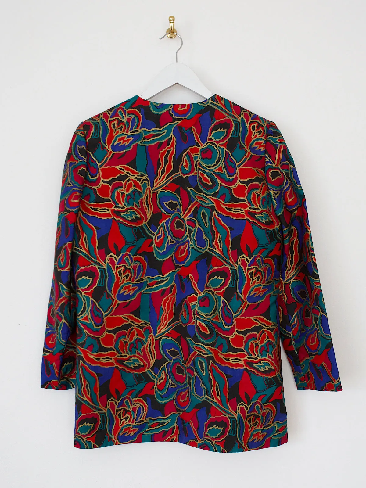Vintage silk jacket hand printed with a colourful and gold design