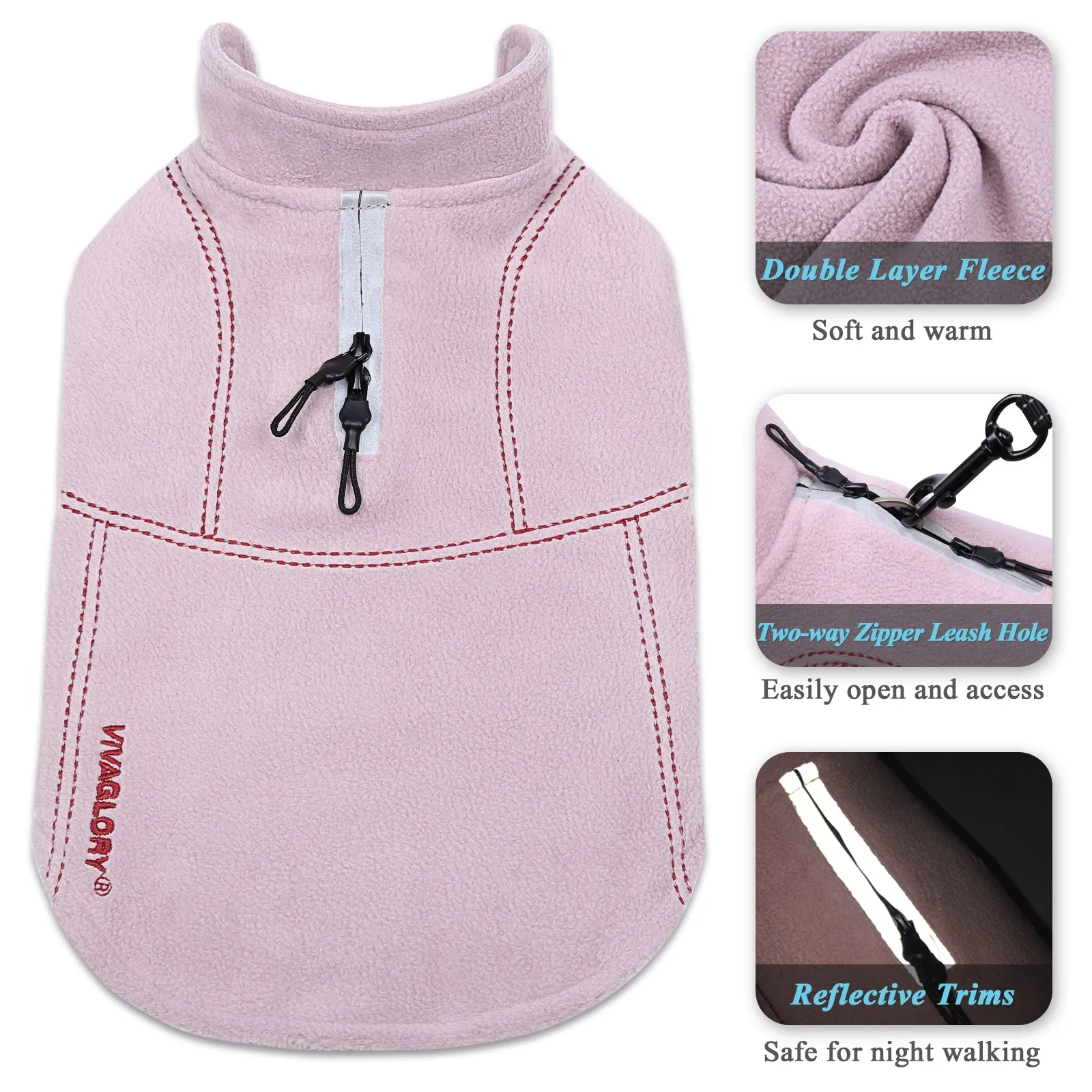 Vivaglory Fleece Vest Dog Cold Weather Sweater for Small Dogs, Adjustable Winter Warm Clothes with Two-Way Zipper Opening, Reflective Coats Pet Jacket for Puppies Small Medium Large Dogs