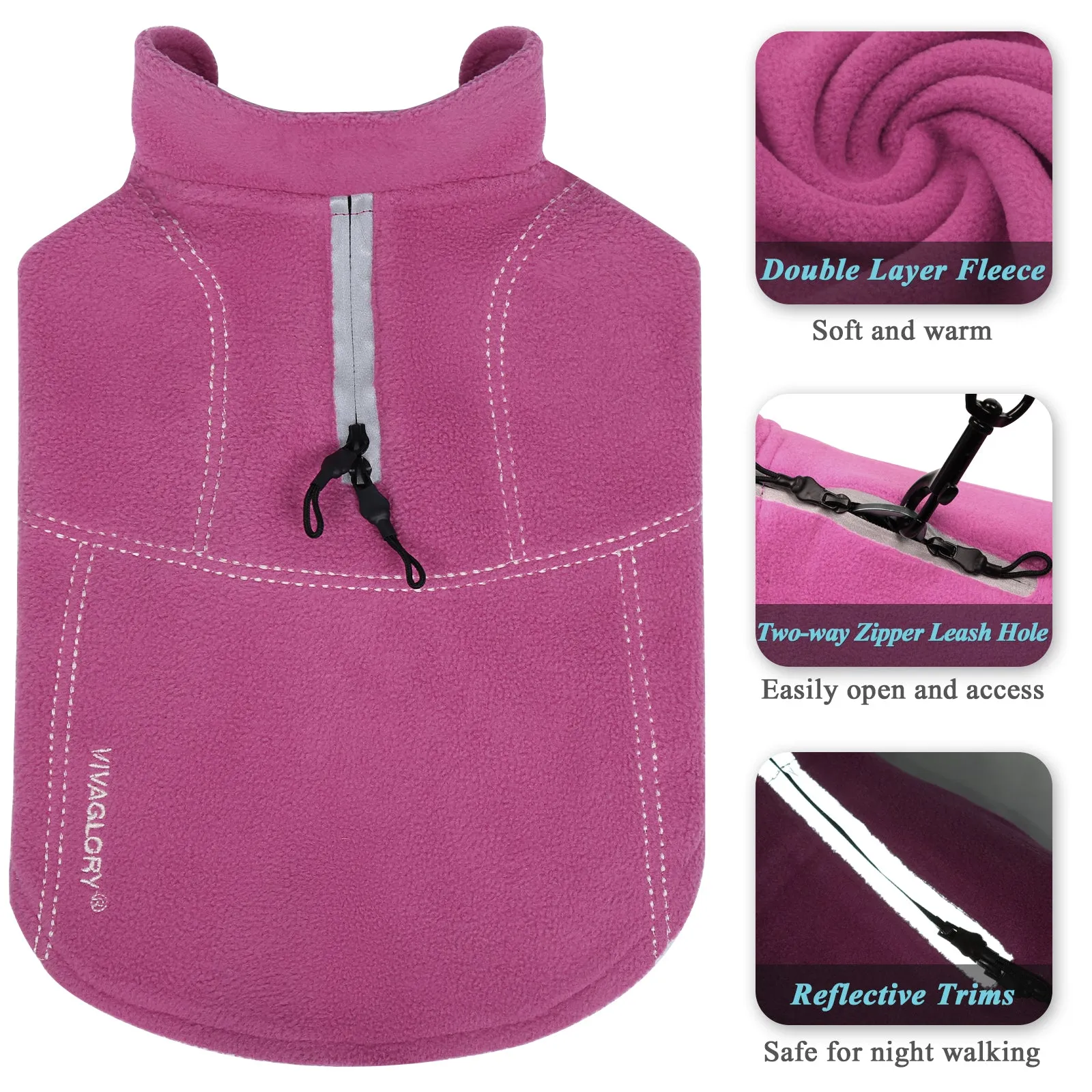 Vivaglory Fleece Vest Dog Cold Weather Sweater for Small Dogs, Adjustable Winter Warm Clothes with Two-Way Zipper Opening, Reflective Coats Pet Jacket for Puppies Small Medium Large Dogs