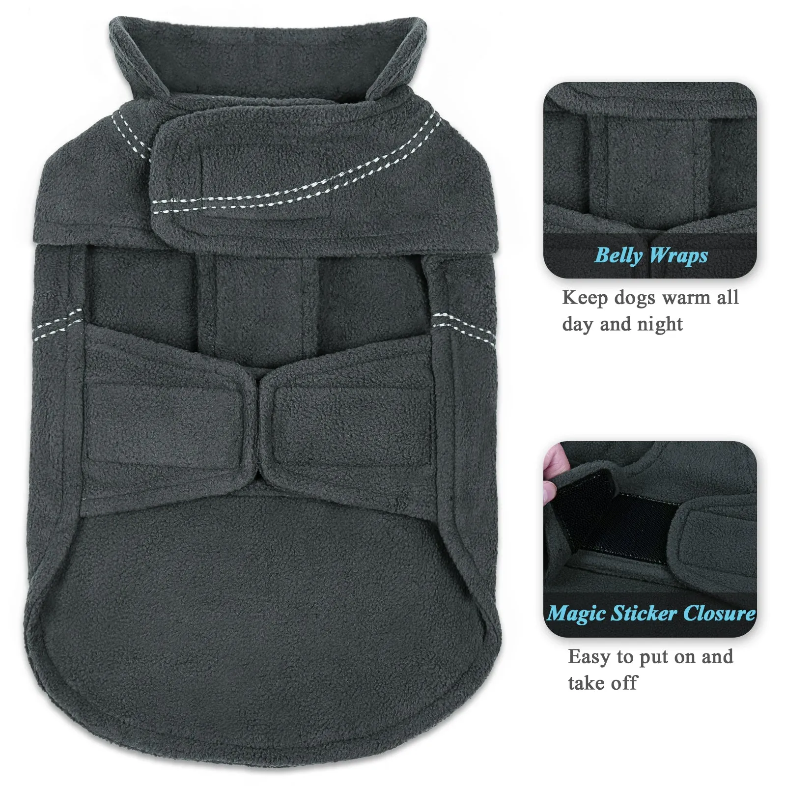 Vivaglory Fleece Vest Dog Cold Weather Sweater for Small Dogs, Adjustable Winter Warm Clothes with Two-Way Zipper Opening, Reflective Coats Pet Jacket for Puppies Small Medium Large Dogs