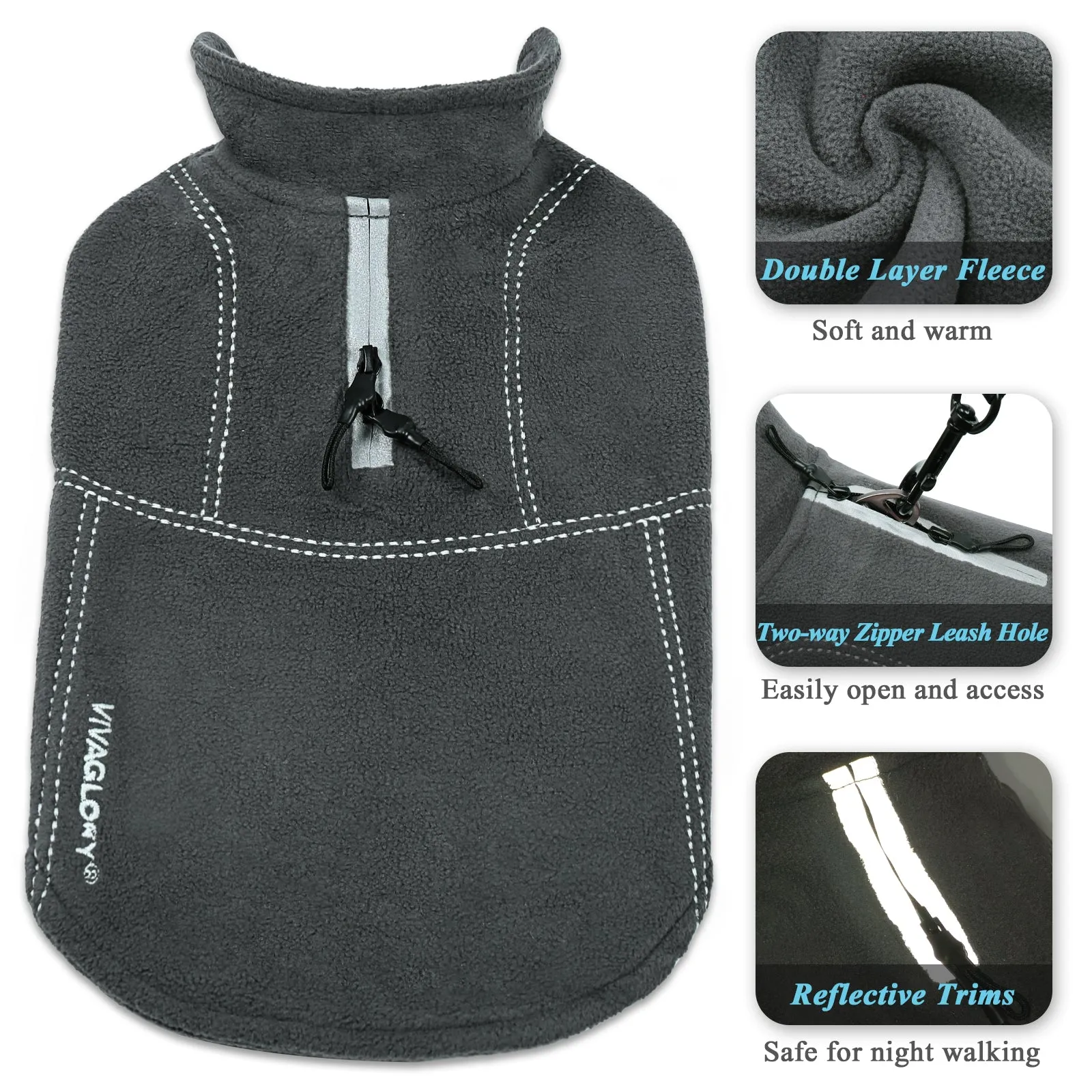 Vivaglory Fleece Vest Dog Cold Weather Sweater for Small Dogs, Adjustable Winter Warm Clothes with Two-Way Zipper Opening, Reflective Coats Pet Jacket for Puppies Small Medium Large Dogs