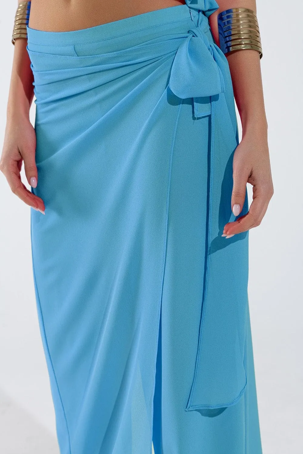 Wide Light Blue Pants Overlay Skirt Tied At The Side